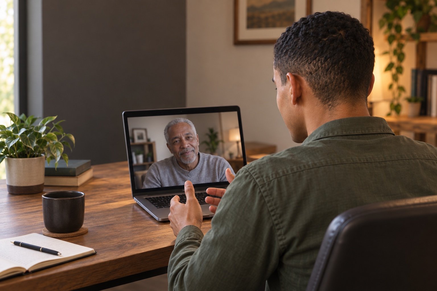 Consejería online vista desde detrás de Esteban mientras conversa con un adulto mayor